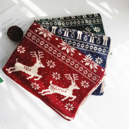 Autumn And Winter Christmas Snowflake Fawn Elk Knitted Scarf Thickened Double-Sided Couple Scarves For Men And Women