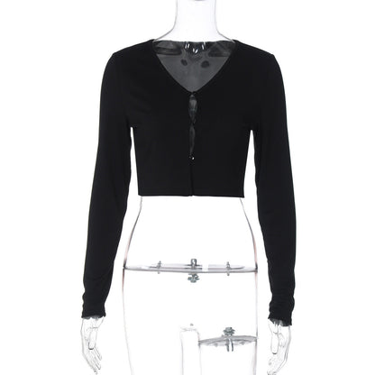 Fashionable Sexy Cardigan Button Crop Long Sleeve T-Shirt