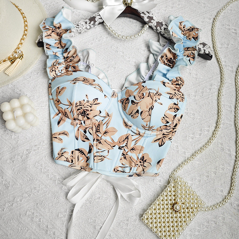 Floral Print Bow Tie Camisole Top Slim Fit Sweet Style