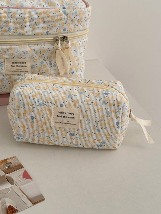 Floral Corduroy Makeup Bag Cute Travel Cosmetic Organizer