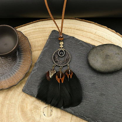 Vintage Feather Tassel Necklace Circle Dream Catcher Long Sweater Chain