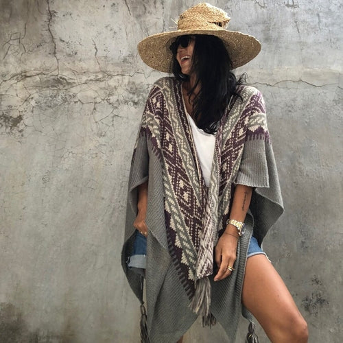 Striped Sweater Shawl Sleeveless Knit Cape Over Women'S Thick Blanket Coat