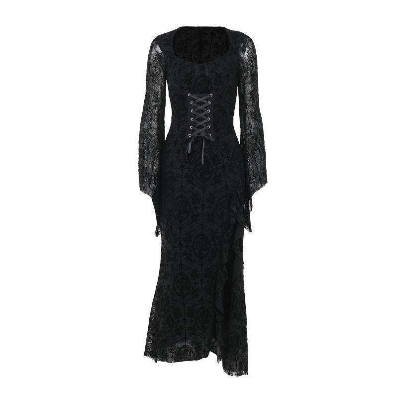 Elegant Black Velvet Long Sleeve Dress with Cross Design