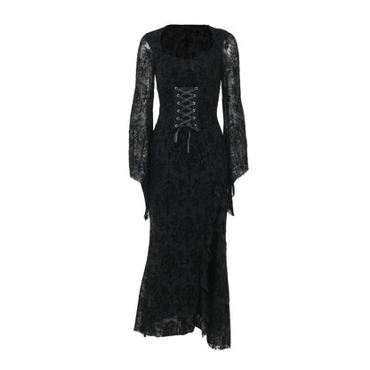Elegant Black Velvet Long Sleeve Dress with Cross Design