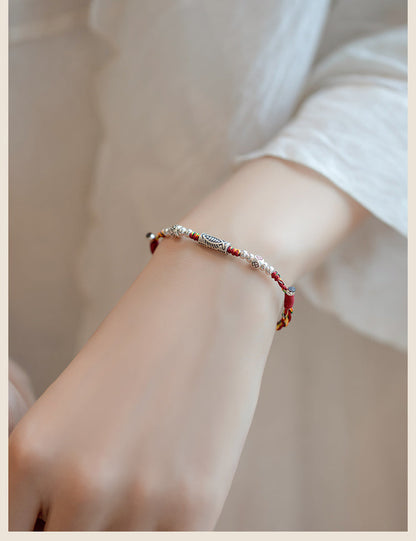Original 925 Sterling Silver Koi Fish Bracelet Women'S Autumn Red Rope Weaving Vintage Small Gift Anklet