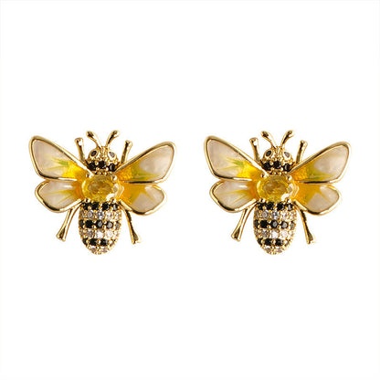 Bee Enamel Earrings With Rhinestones In Gold