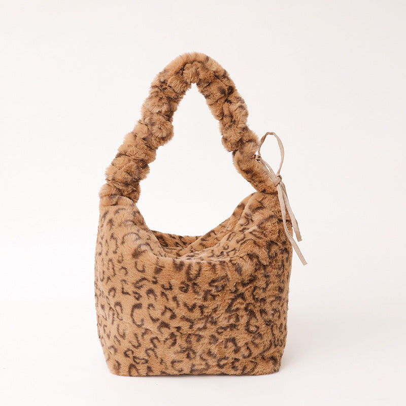 Retro Leopard Print Plush Shoulder Bag Large Capacity Crossbody Bag
