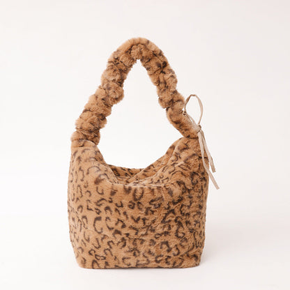 Retro Leopard Print Plush Shoulder Bag Large Capacity Crossbody Bag