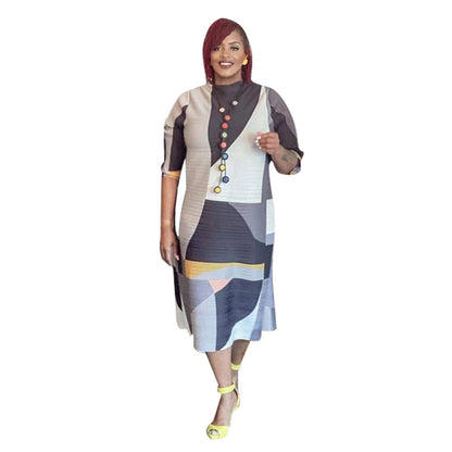 Fashionable Pleated Dress With Round Neck Print