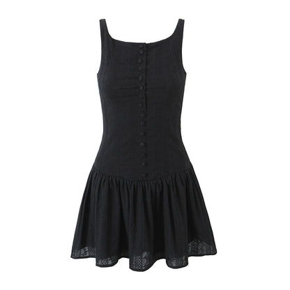 Solid Jacquard Square Neck Button-Up Mini Dress