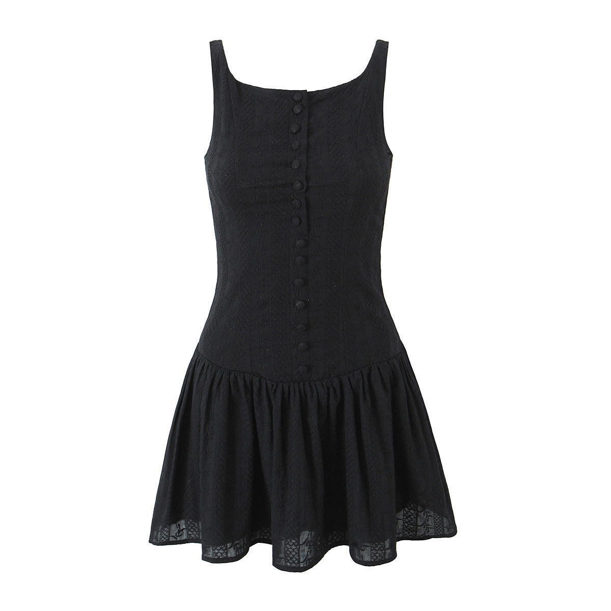 Solid Jacquard Square Neck Button-Up Mini Dress