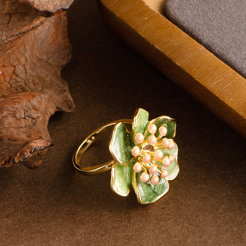 French Vintage Adjustable Enamel Camellia Flower Ring