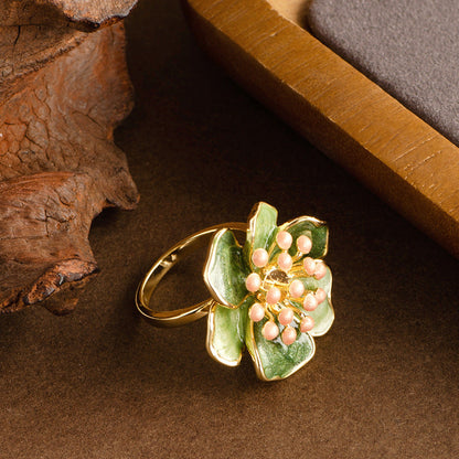 French Vintage Adjustable Enamel Camellia Flower Ring