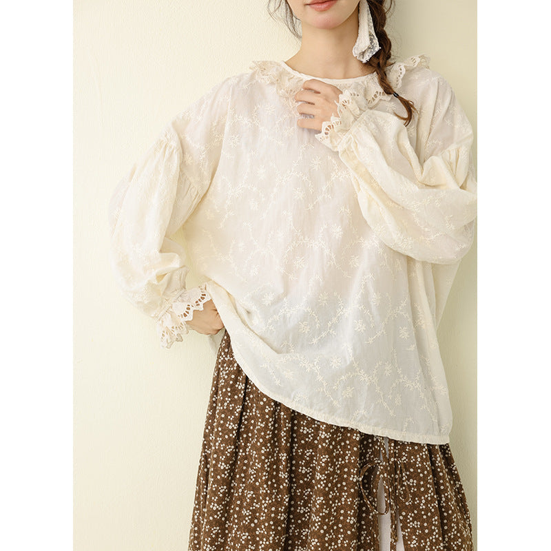 Sweet Plain Embroidered Lantern Sleeve Top Casual Loose Blouse