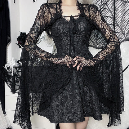 Chic Black Lace Crop Top with Flare Sleeves