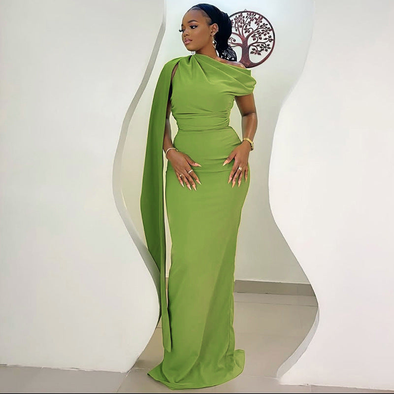 Elegant One-Shoulder Midi Dress Crafted From Milk Silk