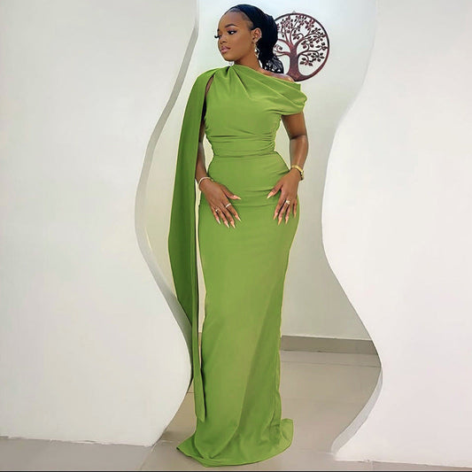 Elegant One-Shoulder Midi Dress Crafted From Milk Silk