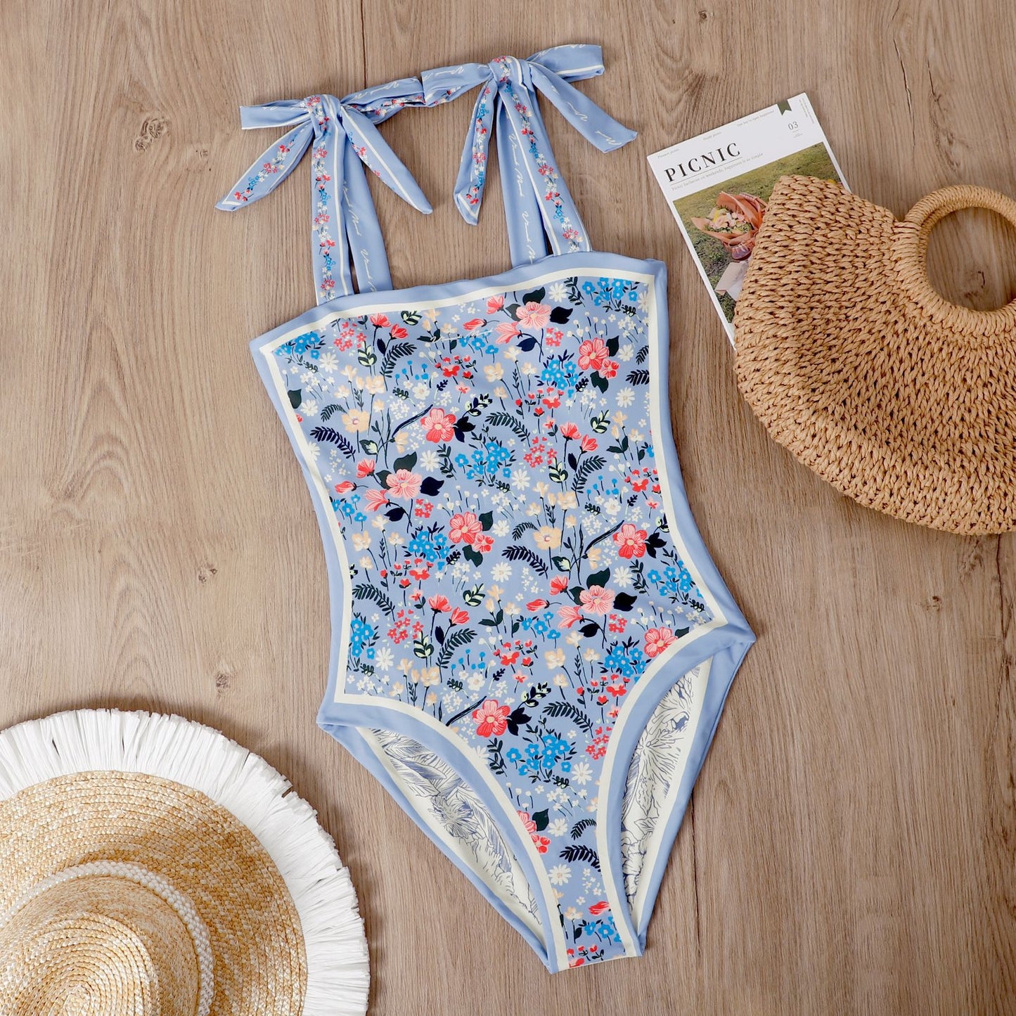 Double Fabric Vintage Print Swimsuit One-Piece Swimsuit Women
