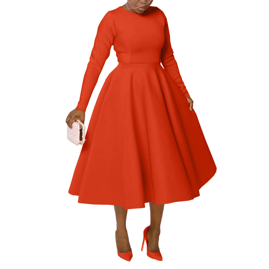 Elegant Solid Color A-Line Dress With Long Sleeves
