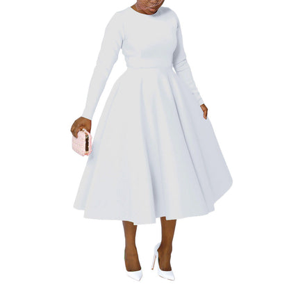 Elegant Solid Color A-Line Dress With Long Sleeves