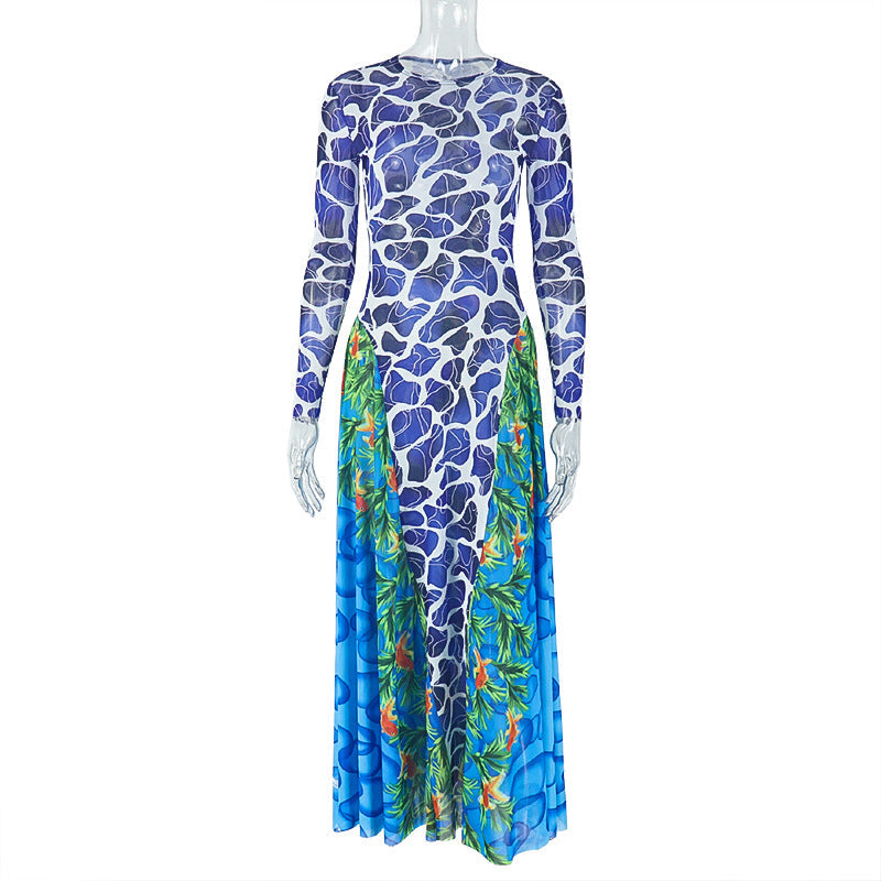 Trendy Print Bodycon Midi Dress With Long Sleeves And High Neck