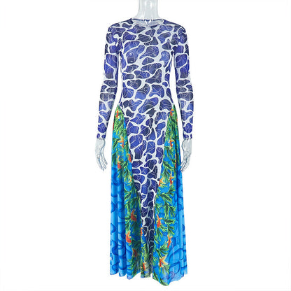 Trendy Print Bodycon Midi Dress With Long Sleeves And High Neck