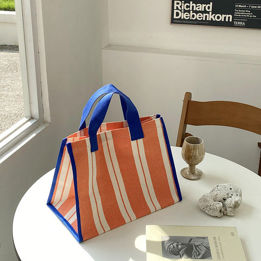 Large Capacity Striped Tote Bag Casual Versatile Canvas Shopping Bag