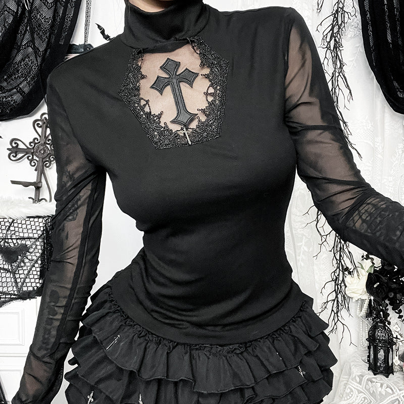 Black Mesh Long Sleeve Top With Cross Design