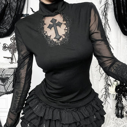 Black Mesh Long Sleeve Top With Cross Design