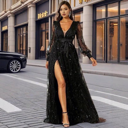 Sequin Maxi Dress with V-Neck and Strap Design