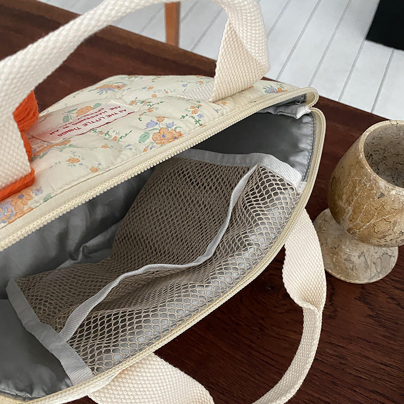 Quilted Insulated Lunch Bag Floral Design Cotton Tote