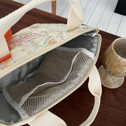 Quilted Insulated Lunch Bag Floral Design Cotton Tote