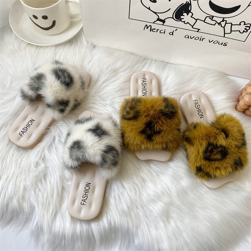 Fuzzy Faux Fur Leopard Print Slippers