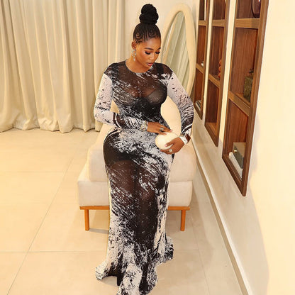 Trendy Abstract Print Bodycon Dress With Long Sleeves