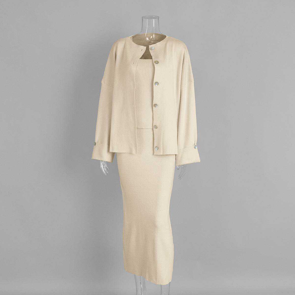 Knit Long Sleeve Cardigan Set with Cami Top and Skirt - Casual Style