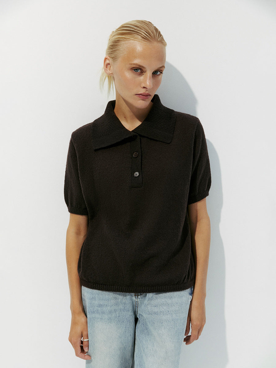 Casual Polo Knitted Short Sleeve Sweater With Puff Sleeves