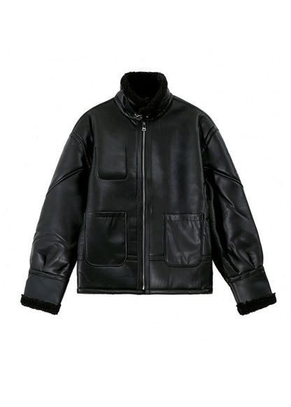 Faux Leather Aviator Jacket With Shearling Collar