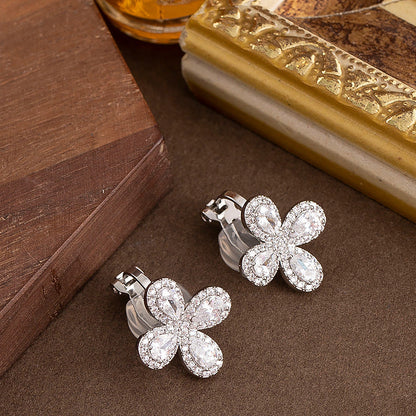 Cute Elegant Zirconia Clover Clip-On Earrings For Women