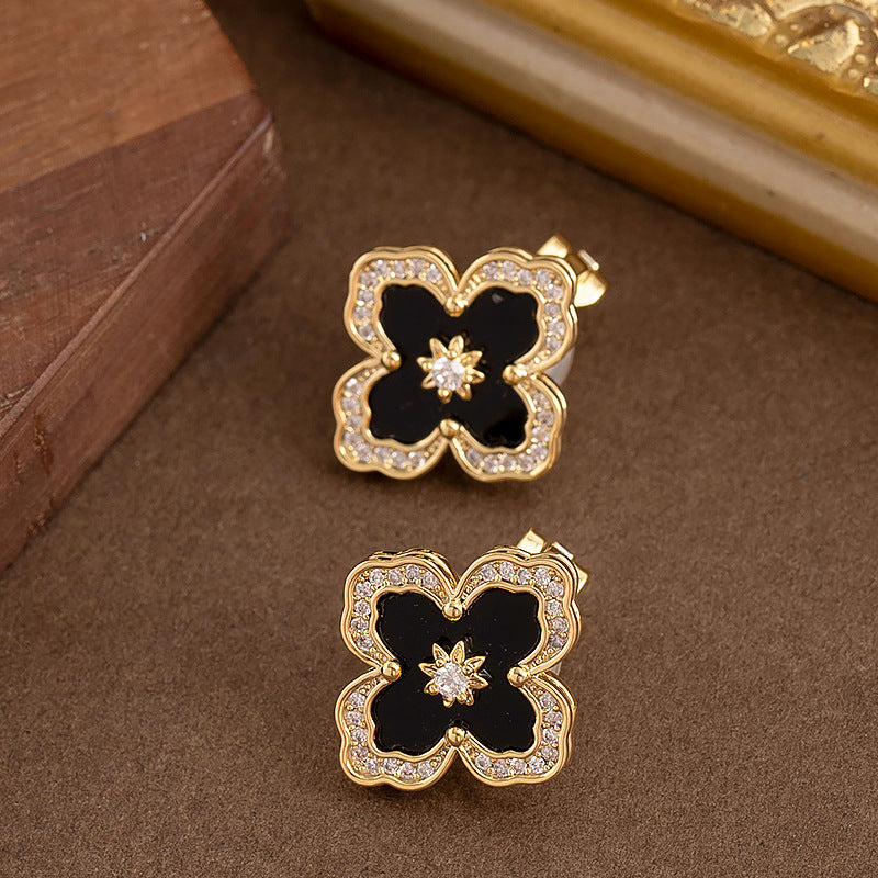 Gold Four Leaf Clover Zirconia Ear Clips For Women