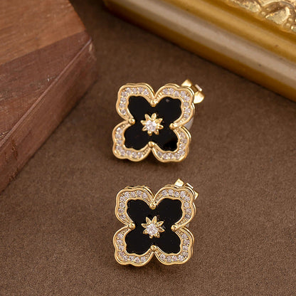 Gold Four Leaf Clover Zirconia Ear Clips For Women