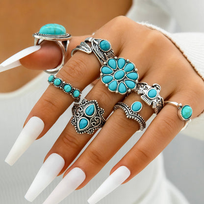 Bohemian Style Carved Feather Turquoise Ring Set