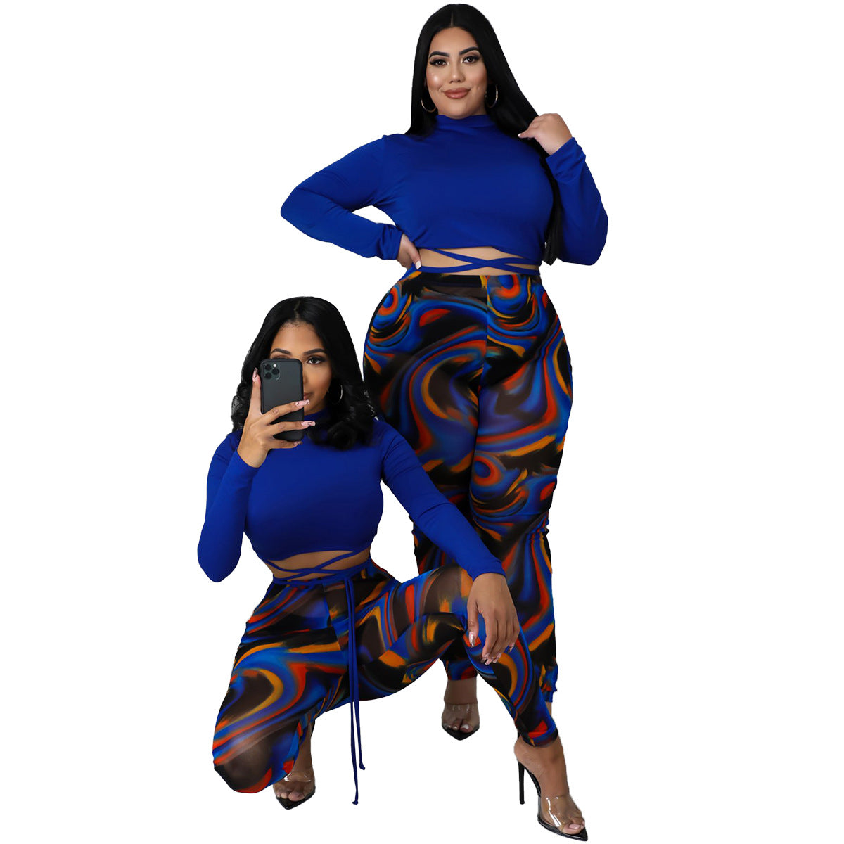 Sexy Two-Piece Colorblock Tie-Front Sheer Set