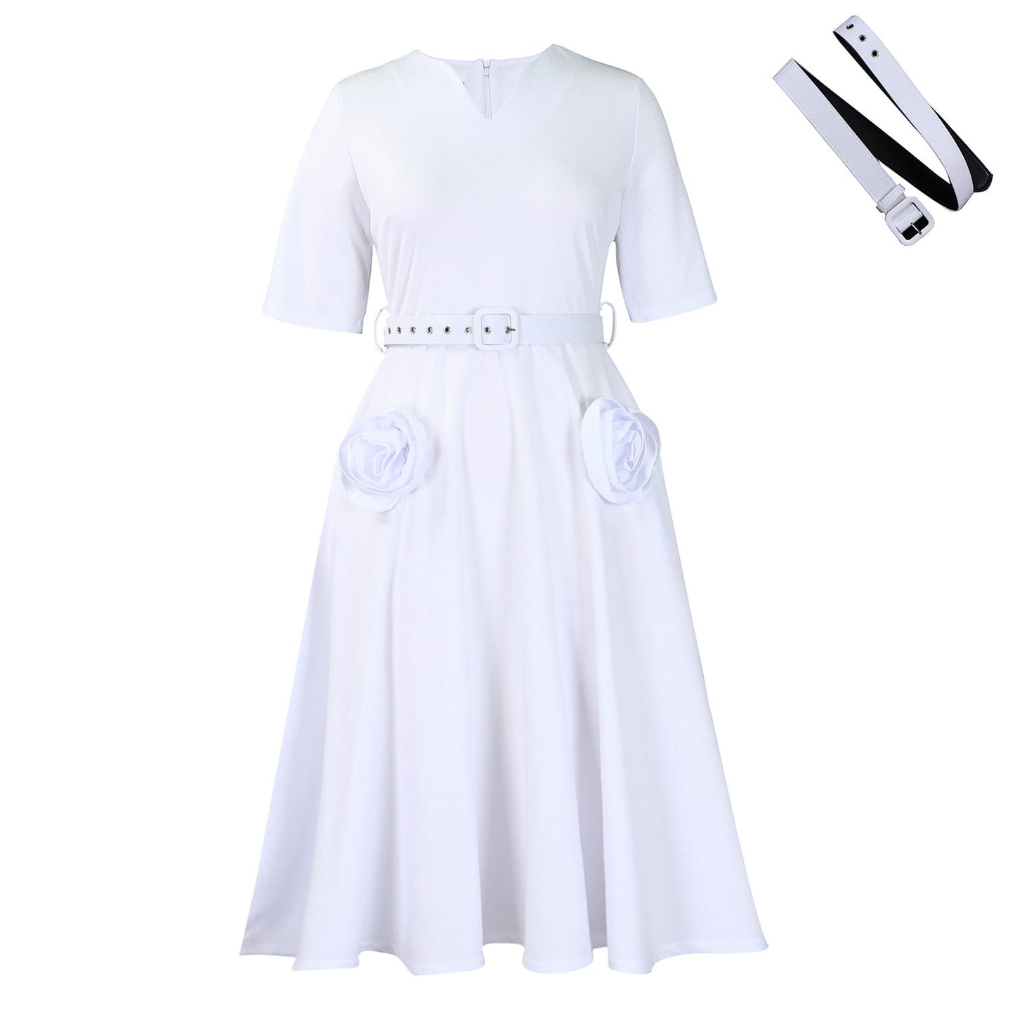 Elegant V-Neck A-Line Dress With Belt