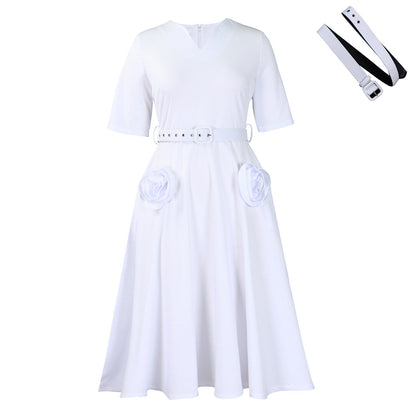 Elegant V-Neck A-Line Dress With Belt