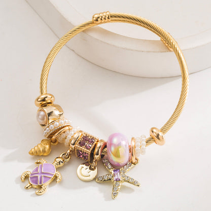 Starfish Turtle Pendant Adjustable Stainless Steel Bracelet