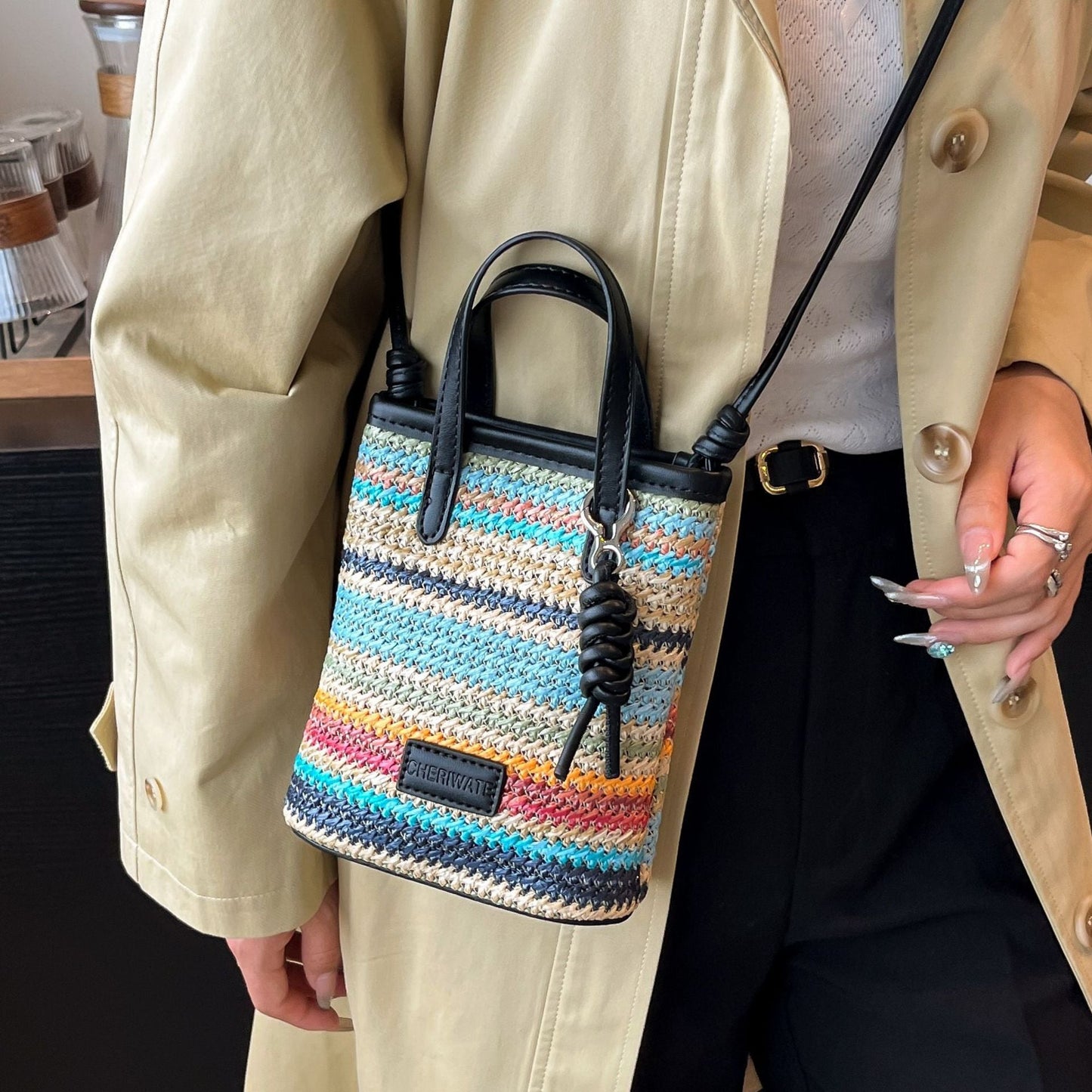 Rainbow Woven Tote Bag Stylish Summer Crossbody Bag