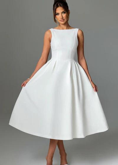 Classic Sleeveless Blue Midi Dress With Pleated Skirt