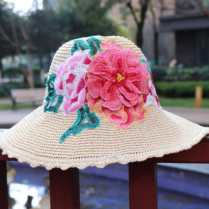New Ethnic Style Embroidery Big Brim Hat Sun Visor Hat 3D Flower Hat Women'S Embroidery Hat