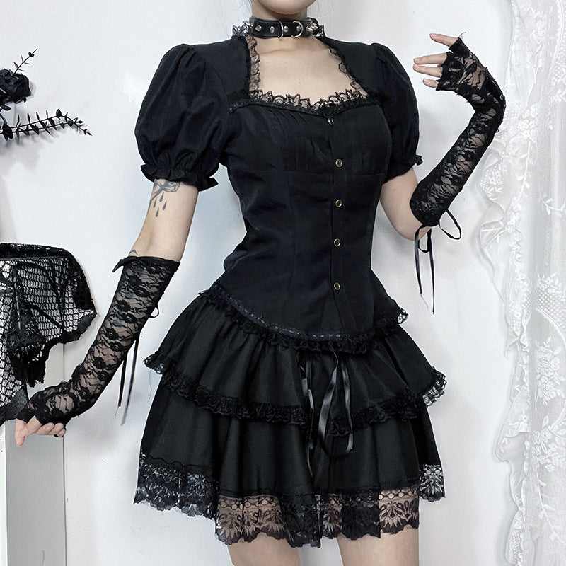 Vintage Lace Trim Short Sleeve Blouse for Ladies