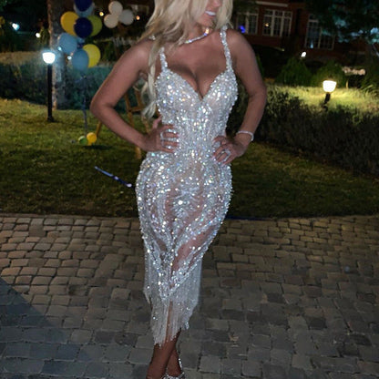Elegant Sequined Deep V Neck Long Sleeve Dress